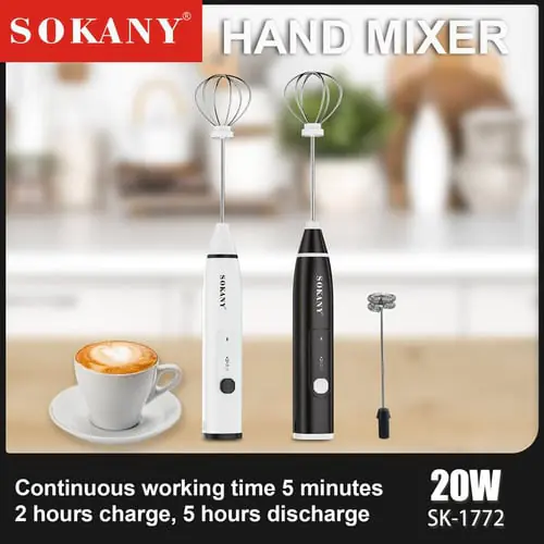 Sokany Hand Mixer With 3 Speed Adjustable And USB Rechargeable Foam Maker for Cappuccino Latte Hot Chocolate with 2 Stainless Steel Whisks SK-1772
