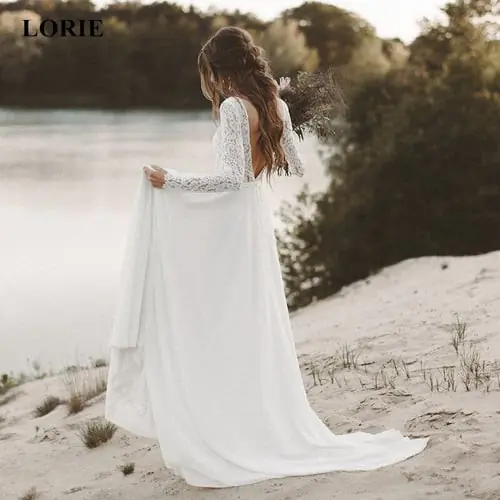 LORIE Beach Wedding Dresses Full Sleeve V-Neck Open Back Boho Bridal Gowns Chiffon Princess Party Dresses Sweep Train 2020 LORIE Beach Wedding Dresses Full Sleeve V-Neck Open Back Boho Bridal Gowns Chiffon Princess Party Dresses Sweep Train 2020