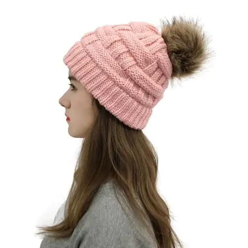 Women Warm Crochet Knit Beanie Hat with Removable Pompom Crisscross Ponytail Cap