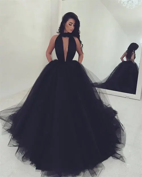 Sexy Backless Halter Black Long Prom Dresses 2020 Robe De Mariee Ball Gown Deep V Neck Party Dress Evening For Women