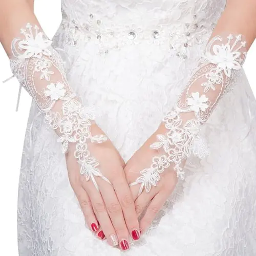 Women Wedding Fingerless Gloves Lace Faux Pearl Floral Applique Bowknot Mittens Women Wedding Fingerless Gloves Lace Faux Pearl Floral Applique Bowknot Mittens