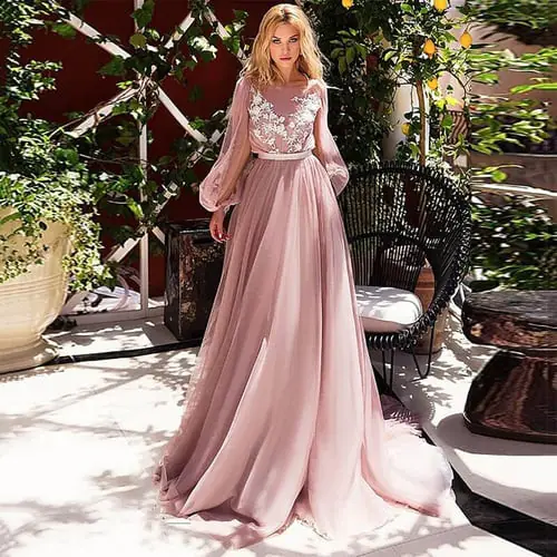 Sweet pink Evening Dress Lace Appliques Long Sleeves Bride Dress A-Line Boho Wedding Gown Plus Size 2020 Bride Party Prom Dress