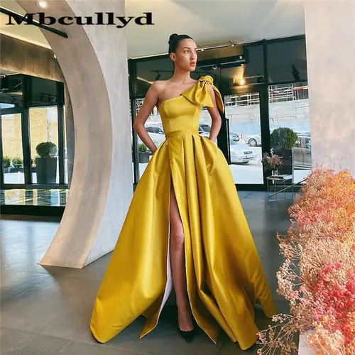 Gold One Shoulder Prom Dresses Long 2020 High Split Evening Dress Party Gowns With Pocket vestidos de fiesta de noche