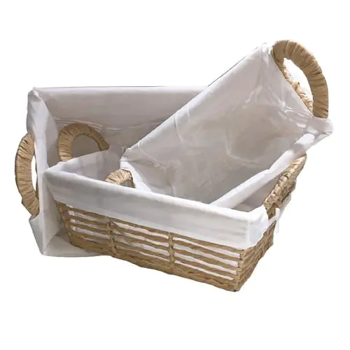 Set Of 3 Bamboo Storage Baskets Natural Beige Bamboo With White Fabric Nestable, SK094 Set Of 3 Bamboo Storage Baskets Natural Beige Bamboo With White Fabric Nestable, SK094