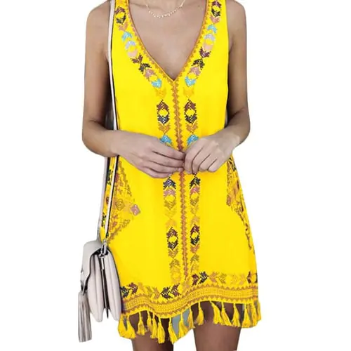 Women Sleeveless Loose Mini Dress Sexy V-Neck Geometric Print Tassels Sundress