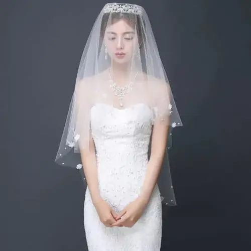 Women Wedding Dress Embroidered Flower Veil Layersf Tulle Rbbon Edge Bridal Veil