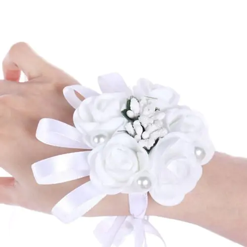 Women Bridesmaid Girl Wedding White Wrist Corsage Artificial Rose Wrist Flower Imitation Pearl Jewelry Bracelet Prom Party Decor