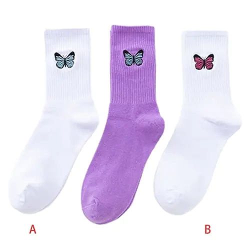 Women Ribbed Striped Long Crew Butterfly Embroidered Skateboard Stockings Women Ribbed Striped Long Crew Butterfly Embroidered Skateboard Stockings