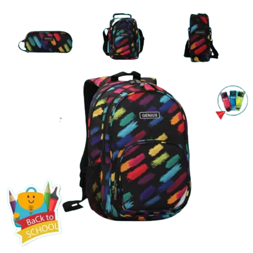 Genius School Bag 18" With Pencil Case, Water Bottle, Bottle Bag & Lunch Bag 5 Pcs Set 191805 Genius School Bag 18" With Pencil Case, Water Bottle, Bottle Bag & Lunch Bag 5 Pcs Set 191805