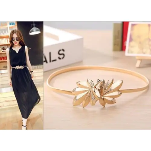 Women Bridal Skinny Waistband Maple Leaf Shape Metal Buckle Glitter Solid Color Elastic Wedding Dress Waist Belt Cummerbunds Gold/Silver Women Bridal Skinny Waistband Maple Leaf Shape Metal Buckle Glitter Solid Color Elastic Wedding Dress Waist Belt Cummerbunds Gold/Silver