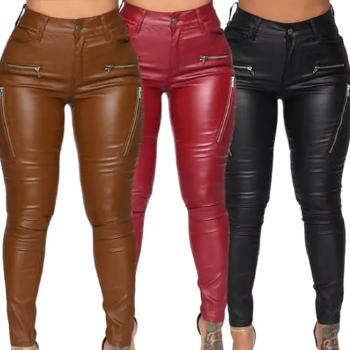 Women Sexy Faux Leather Stretch Skinny Pants Mid Rise Fake Zipper Tight Leggings