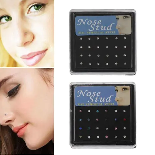24x Rhinestone Stainless Steel Crystal Nose Ring Bone Stud Body Piercing Jewelry