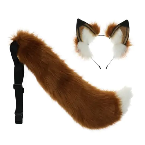 2pcs Cat Ears and Wolf Fox Animal Tail Cosplay Costume Faux Fur Hair Clip Headdress Halloween Birthday Party Plush Set