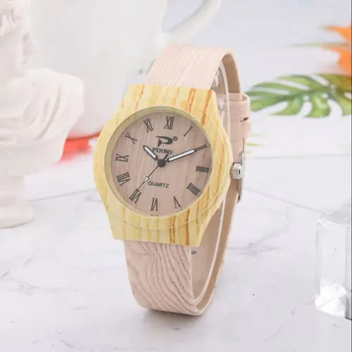 New Men Women Quartz Watch PU Leather Wood Pattern Wristwatch Student Sport Casual Watches