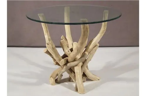 Itemz Glass-Top Natural Drift Wood Round End Table D 60/H 50 Cm