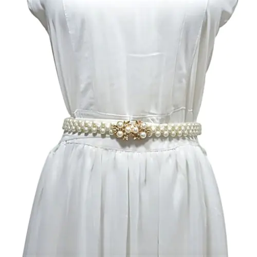 70x2cm Womens Three Rows Thin Faux Pearls Waistband Bridal Wedding Sash With Metal Alloy Flower Rhinestone Decor Bukle Waist Belt Chain Gold/Silver