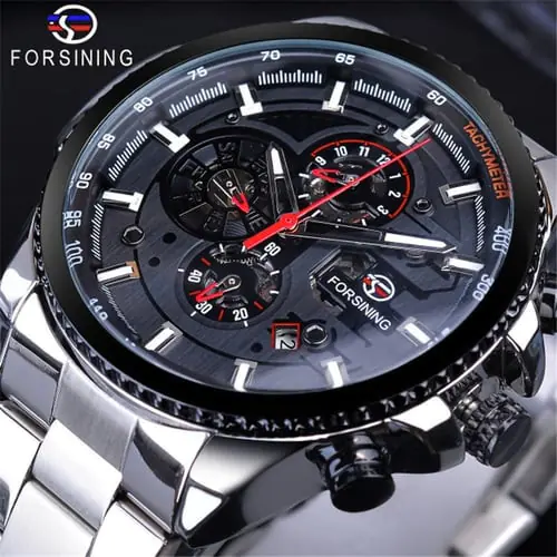 Waterproof FORSINING three eyes six needle men's automatic mechanical steel belt watch F1137