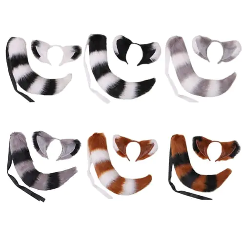 2Pcs Furry Cat Ears Headband Tail Set Stripe Fluffy Plush Animal Cosplay Costume 2Pcs Furry Cat Ears Headband Tail Set Stripe Fluffy Plush Animal Cosplay Costume