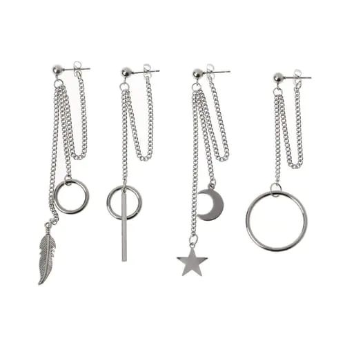 1Pc Titanium Moon Star Leaf Pendant Double Chain Drop Earring Korean Jewelry 1Pc Titanium Moon Star Leaf Pendant Double Chain Drop Earring Korean Jewelry