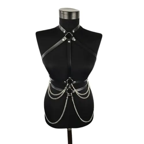 Womens Punk Faux Leather Waist Belt Halter Neck Body Chest Harness with Chain Womens Punk Faux Leather Waist Belt Halter Neck Body Chest Harness with Chain