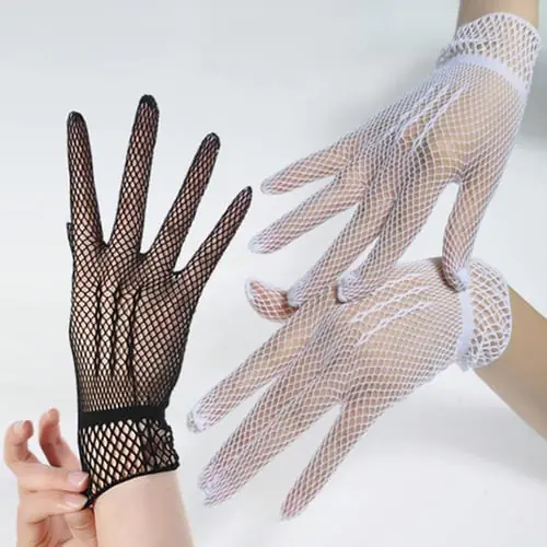 Women Bridal Sexy Hollow Out Fishnet Full Fingered Gloves  Wrist Length Elastic Solid Color Sunscreen Mittens Wedding Party Costume 2 Colors