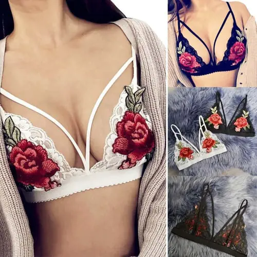 Women Bandage Appliques Lace Bralette Bustier Crop Top Sheer Unpadded B