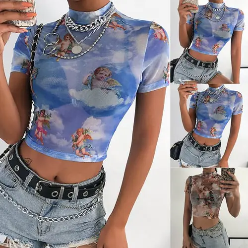 Women Fashion Casual Short Sleeve Turtleneck Print Short Tops T-Shirt Blouse Women Fashion Casual Short Sleeve Turtleneck Print Short Tops T-Shirt Blouse