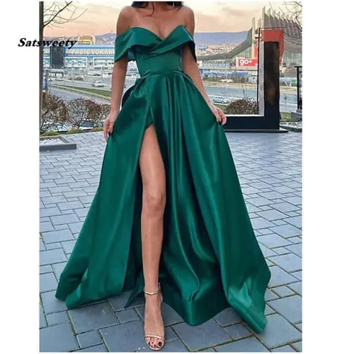 Off the Shoulder Emerald Green Satin Long Prom Dresses with Leg Slit V-neck Floor Length Arabic Evening Gowns robe de soiree