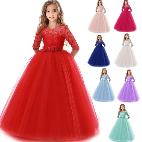 Lace Half Sleeve Dress Girls First Communion Princess dress Tulle Bow Kids Dresses For Girls Long Dress Junior girl dress cloth Lace Half Sleeve Dress Girls First Communion Princess dress Tulle Bow Kids Dresses For Girls Long Dress Junior girl dress cloth