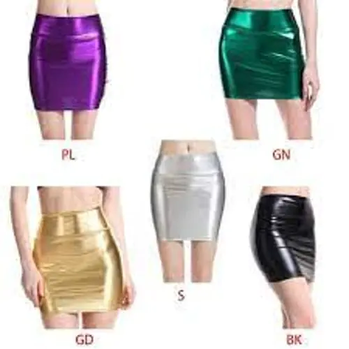Womens Glitter Liquid Metallic Wetlook Faux Leather Bodycon Pencil Mini Skirt Womens Glitter Liquid Metallic Wetlook Faux Leather Bodycon Pencil Mini Skirt