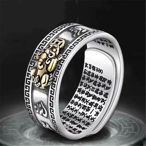Pixiu Charms Ring Feng Shui Wealth Buddhist Jewelry Adjustable Ring
