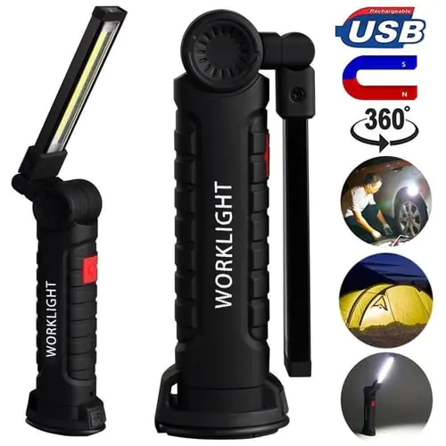 Handheld Cordless Rechargeable Flashlight Magnetic LED COB Torch Flexible Inspection Lamp Work Light for Outdoor Camping Car Truck