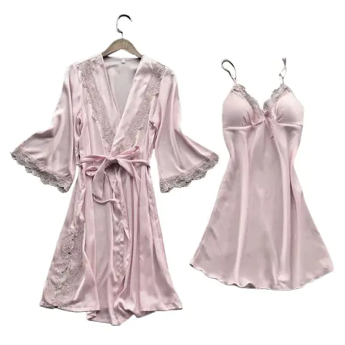 Womens Imitation Silk Kimono Robe Nightdress 2Pcs Sleepwear Set Solid Color Floral Lace Patchwork Pajama Camisole Nightgown Womens Imitation Silk Kimono Robe Nightdress 2Pcs Sleepwear Set Solid Color Floral Lace Patchwork Pajama Camisole Nightgown
