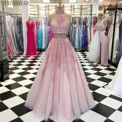Pink 2021 Prom Dresses A-line Halter Tulle Lace Beaded Two Pieces Party Maxys Long Prom Gown Evening Dresses Robe De Soiree