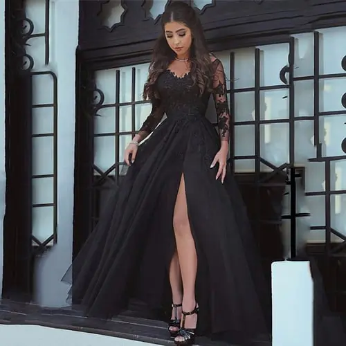 Sexy Slit Black Prom Dresses Lace Long Sleeve Elegant Formal Evening Gowns Party Long Prom Dresses For Woman vestidos de gala Sexy Slit Black Prom Dresses Lace Long Sleeve Elegant Formal Evening Gowns Party Long Prom Dresses For Woman vestidos de gala