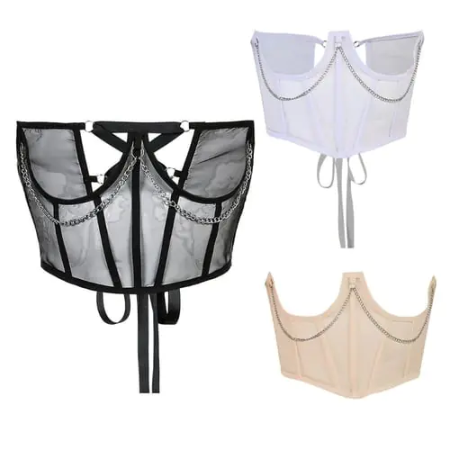 Sterose Womens Gothic Punk Mesh Corset Crop Top Harajuku Metal Chain Sheer Bustier Waist Belt Lace-Up Underbust Cincher Shaper Sterose Womens Gothic Punk Mesh Corset Crop Top Harajuku Metal Chain Sheer Bustier Waist Belt Lace-Up Underbust Cincher Shaper