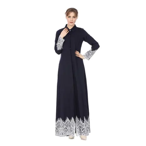 Women Casual Qatar Uae Oman Caftan Robe Turkish Islamic Sold Lace Splice Plus Size Turn Down Collar Muslim Long Maxi Dress