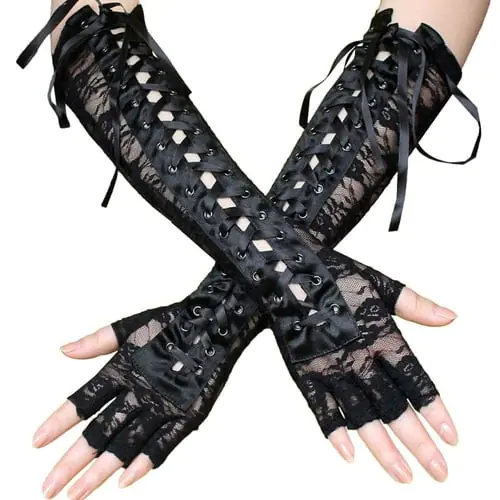 Women Sexy Floral Lace Elbow Length Half-Finger Gloves Black String Ribbon Ties Up Disco Dance Party Fingerless Fishnet Mesh Mittens