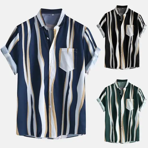 Men's Casual Stripe Print Short Sleeve Button Pocket Turn-Down Collar Shirt Men's Casual Stripe Print Short Sleeve Button Pocket Turn-Down Collar Shirt