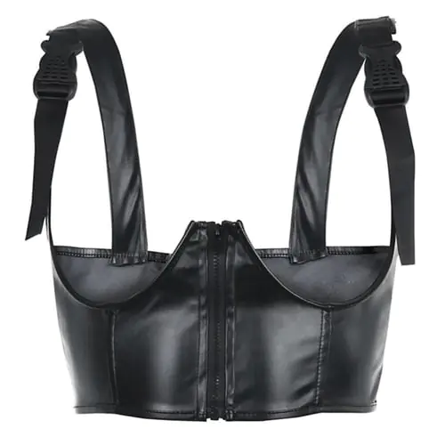 Women Gothic Punk Crop Top Faux Leather Cupless Zipper Buckle Chest Harness Vest Women Gothic Punk Crop Top Faux Leather Cupless Zipper Buckle Chest Harness Vest