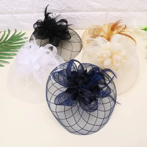 Womens Barrette Fascinator Flower Pillbox Hat Beaded Feather Hair Clip Wedding Womens Barrette Fascinator Flower Pillbox Hat Beaded Feather Hair Clip Wedding