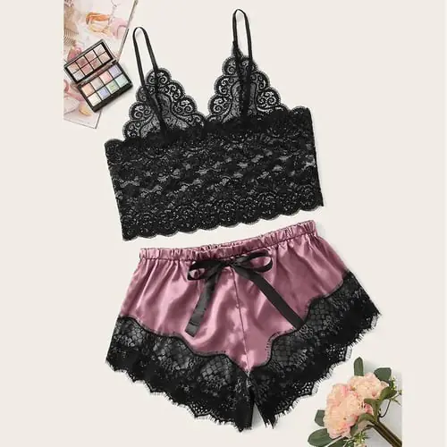 New Women Lace Satin Wireless Bra Camisole Pajamas Sleepwear Bowknot Shorts Set