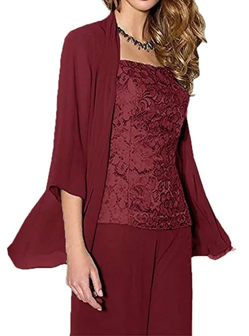 women 3 pieces elegant lace chiffon mother of the bride dress pants suit with jacket outfit 3/4 sleeves for wedding groom women 3 pieces elegant lace chiffon mother of the bride dress pants suit with jacket outfit 3/4 sleeves for wedding groom