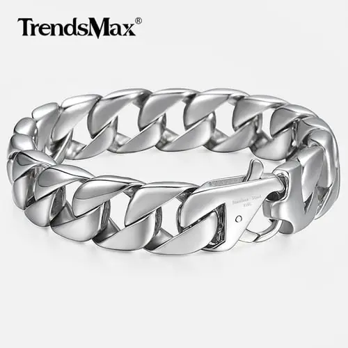 14mm Men's Bracelet Silver Color 316L Stainless Steel Round Curb Cuban Link Chain Bracelets Male Jewelry Gift for Men 8.62"HB164