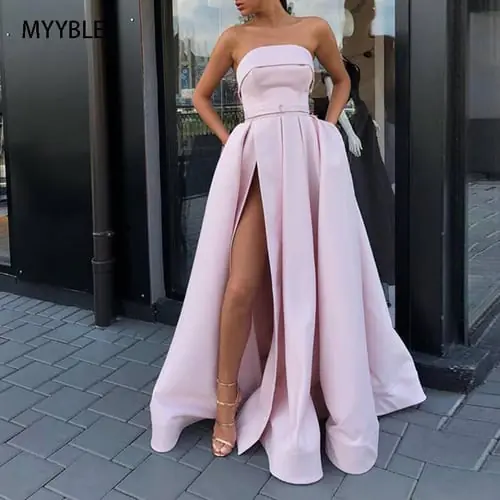 MYYBLE Strapless Vestido De Festa Evening Dress Long 2020 Formal Dress Women Elegant Satin Side Slit Party Dresses Evening Gown MYYBLE Strapless Vestido De Festa Evening Dress Long 2020 Formal Dress Women Elegant Satin Side Slit Party Dresses Evening Gown