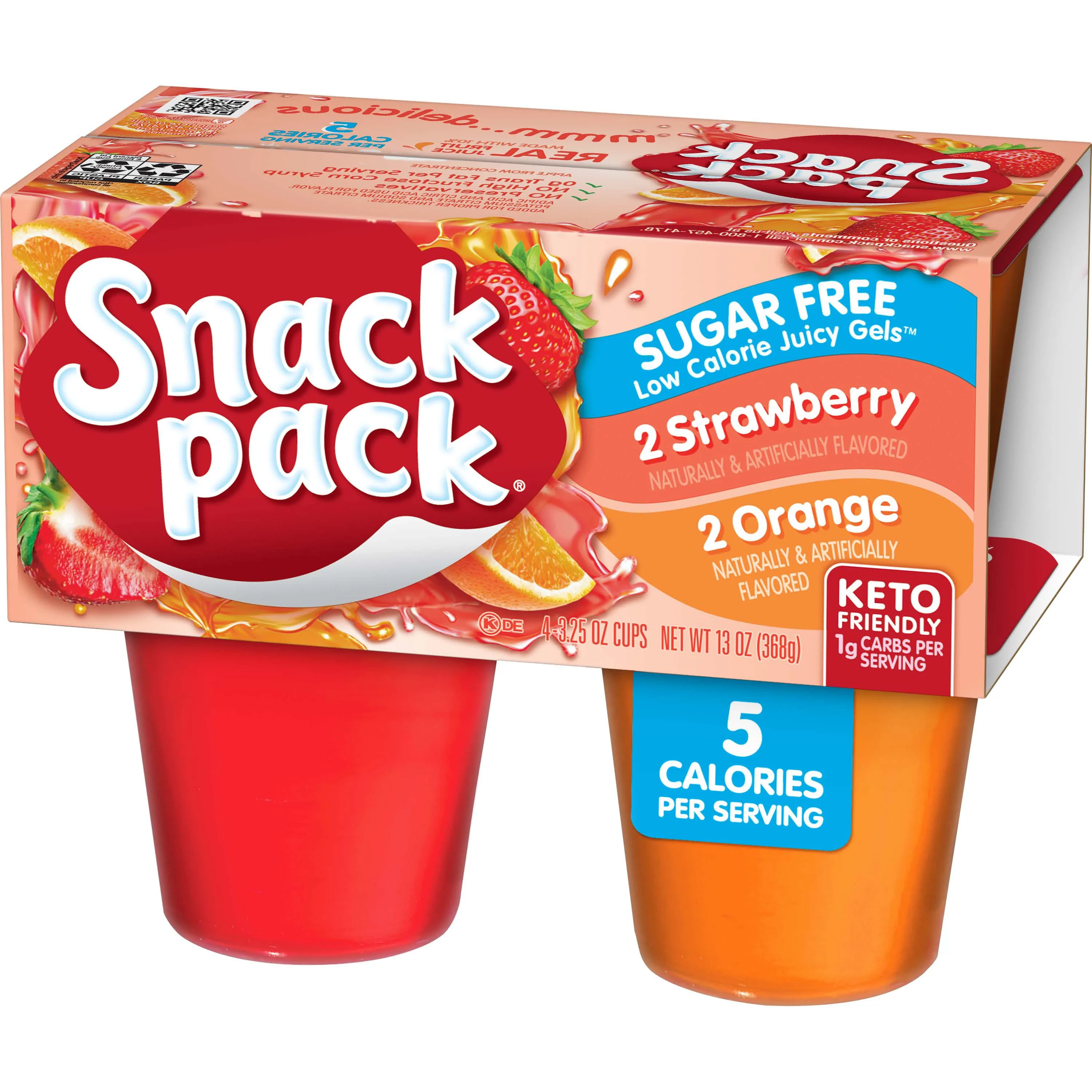 SNACK PACK Gel Sugar Free 2 Strawberry 2 Orange  4cups 368g