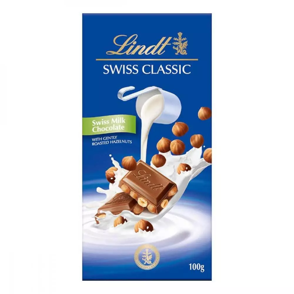 LINDT SWISS CLASSIC MILK CHOCO WITH HAZELNUTS 100G