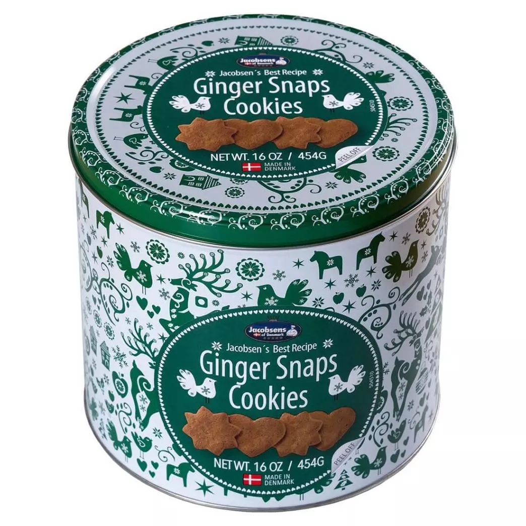 JACOBSENS COLOURFUL HOLIDAY TIN GINGER SNAPS 454G