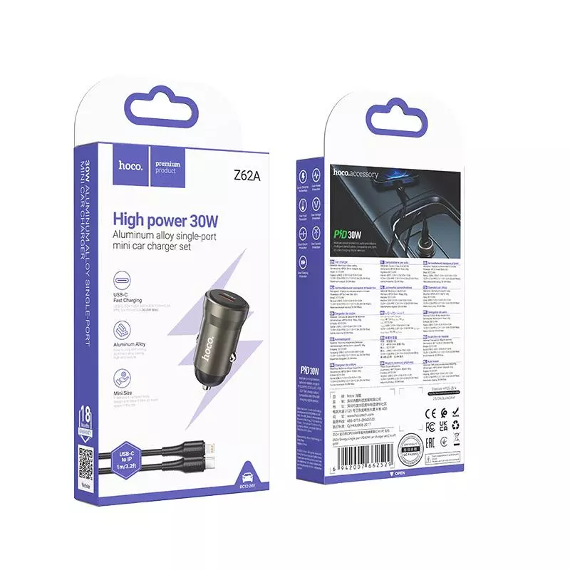 Z62A Energy single port PD30W car charger set(C to iP)