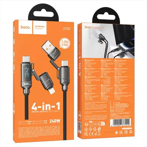 U152 Fortune 240W 4-In-1 Charging Data Cable With Display USB/C To IP/C